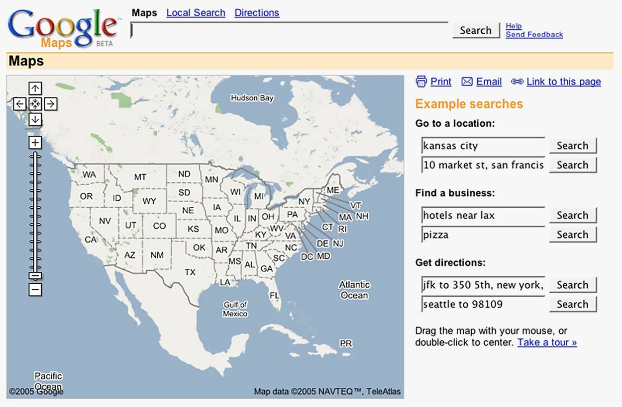 The Google Maps Beta interface with a map of the United States and basic search controls