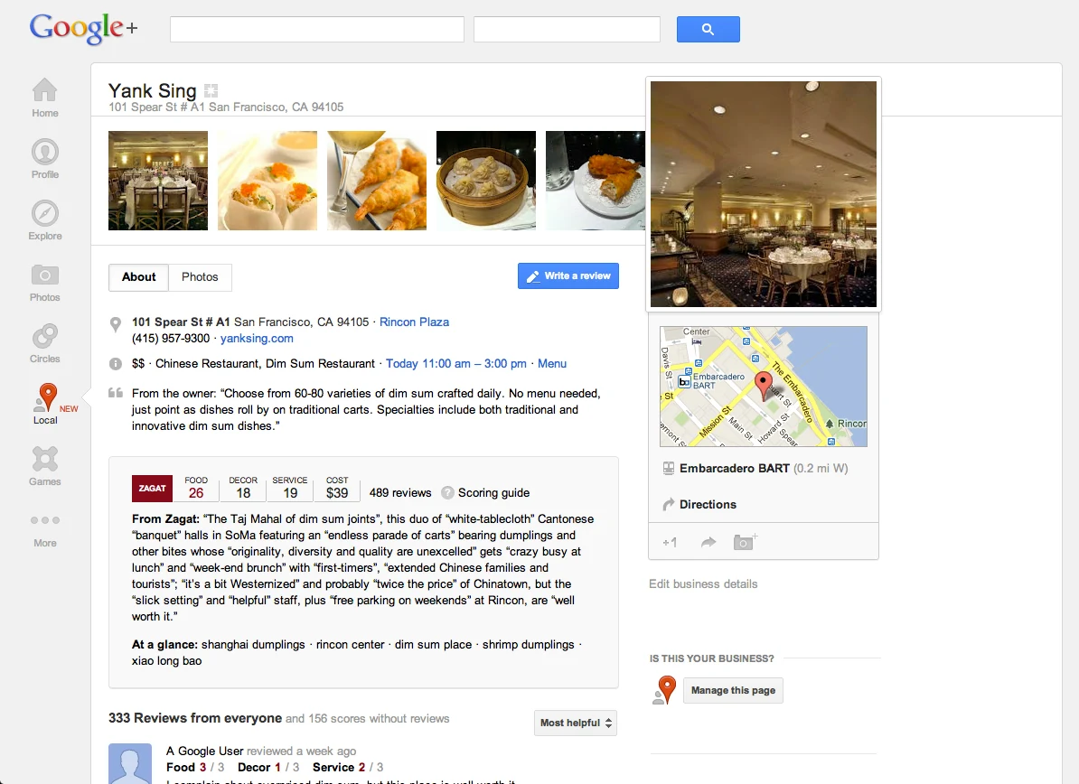 Google+ Local listing for Yank Sing with reviews and Zagat scores