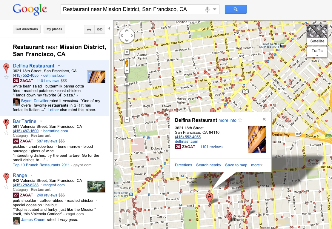 Google Maps local restaurant results with Zagat ratings and nearby pins in 2012