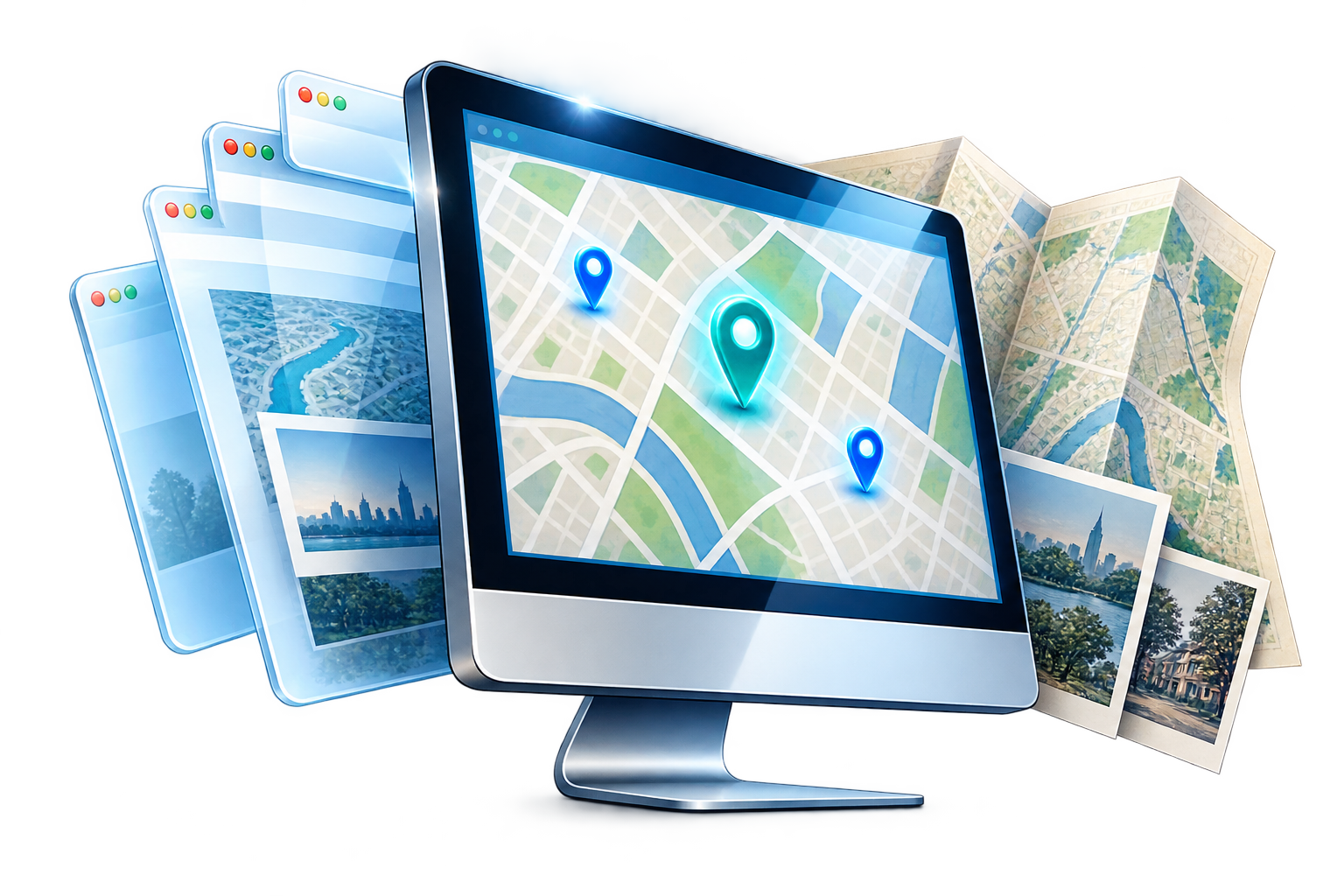 Illustration of a computer displaying a local map with web pages and photographs