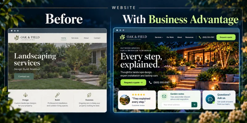 Oak and Field website before and with Business Advantage, showing a stronger design, clear quote path, customer review, newsletter and chat
