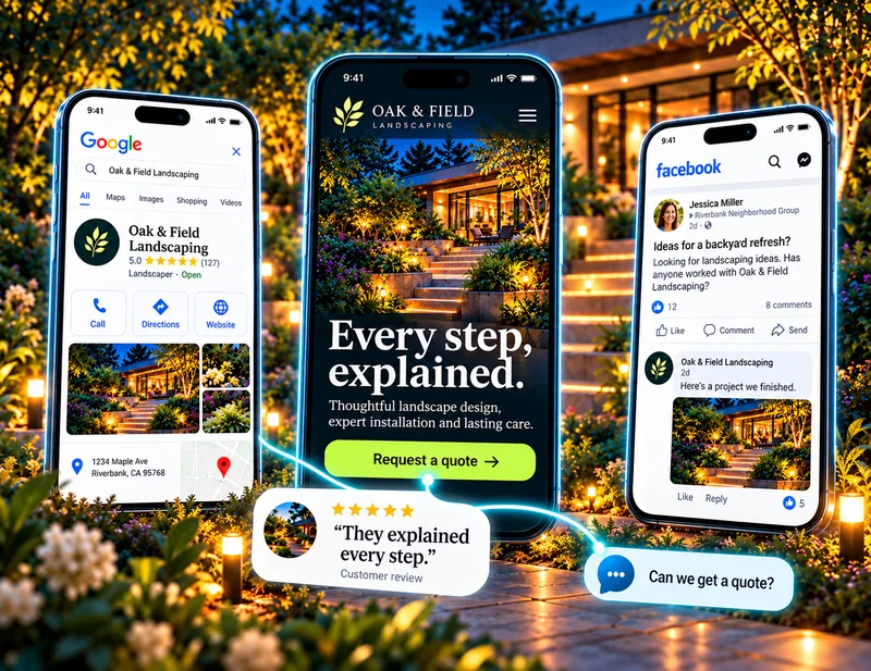 Illustrative Oak and Field example connecting a Google profile, mobile website, customer review, Facebook conversation and a customer inquiry