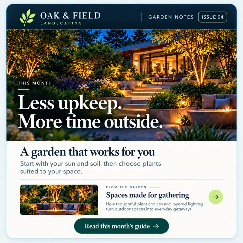 Oak and Field Garden Notes issue 04, Less upkeep. More time outside. Read this month's guide.