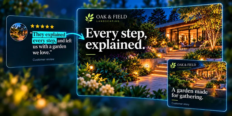 A five-star customer review becomes an Oak and Field garden story with the words Every step, explained