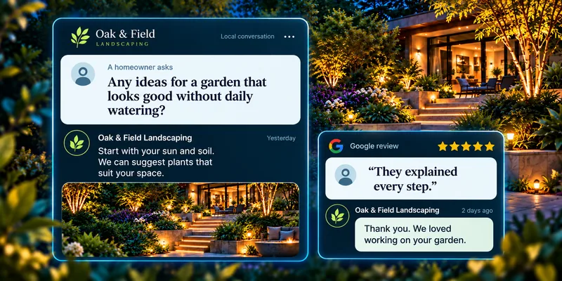 Oak and Field replies helpfully to a homeowner's garden question and thanks a customer for a Google review