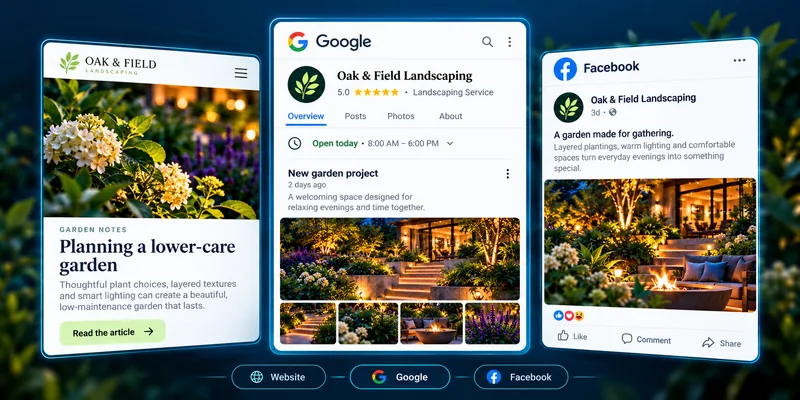 Oak and Field Garden Notes article, Google Business Profile project update, and Facebook post showing coordinated ongoing content