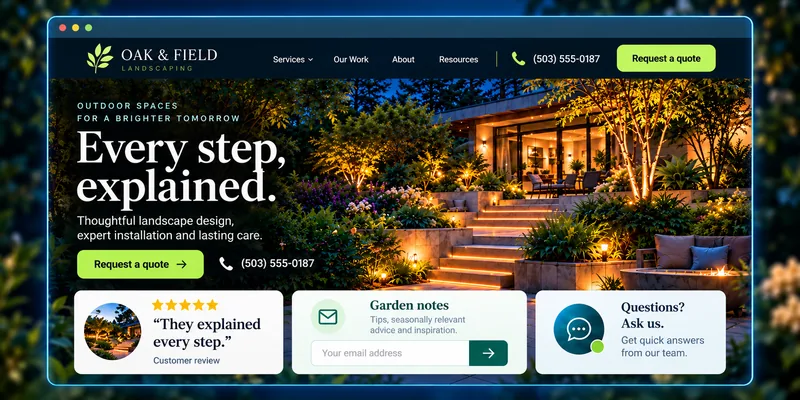 Oak and Field website example with a clear request-a-quote action, customer review, newsletter signup, and questions prompt