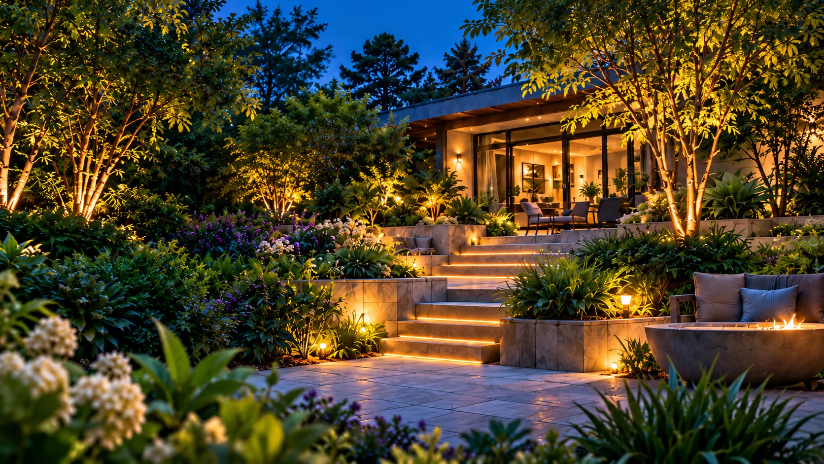 Illustrative evening garden with illuminated steps and lush planting