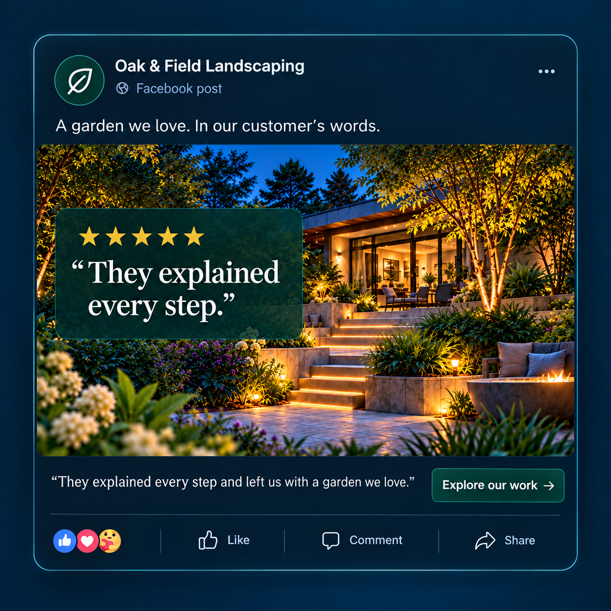 Illustrative Oak and Field Facebook post turning a customer review into a garden story