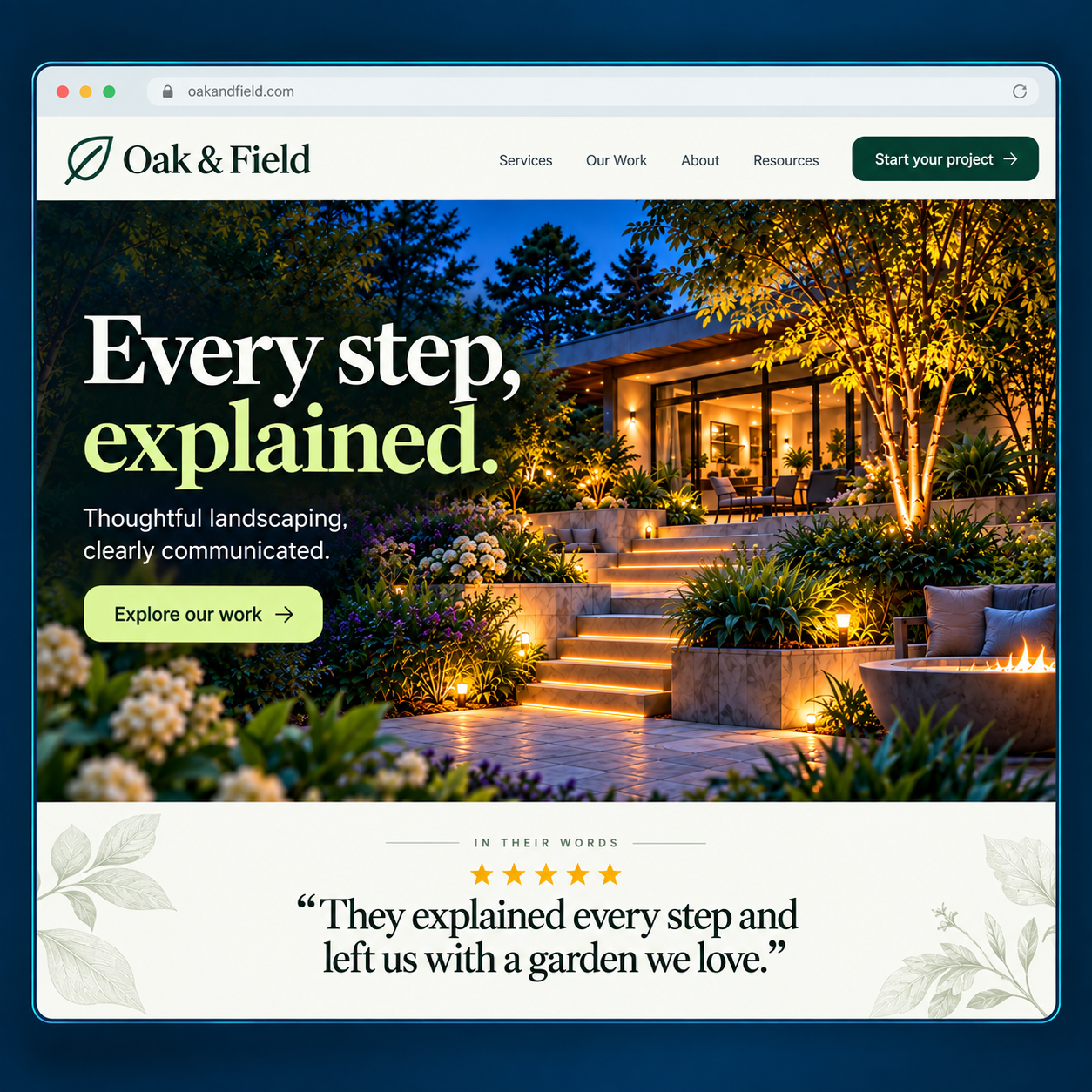 Illustrative Oak and Field website placing a customer review beside the service and a clear next step