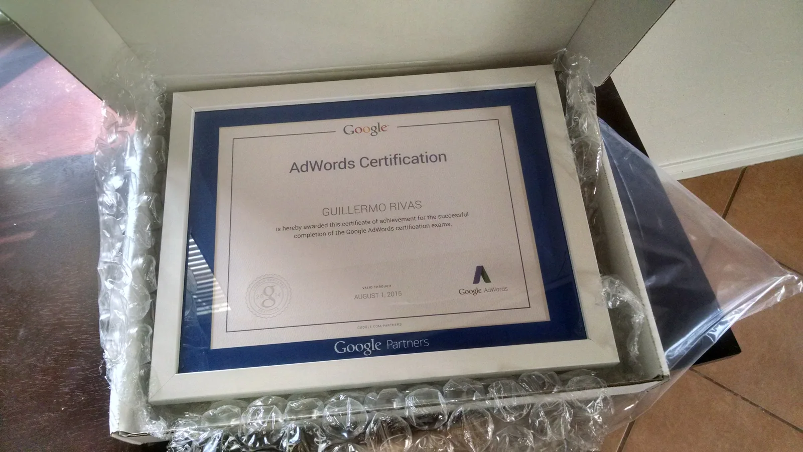 Guillermo Rivas’s framed Google AdWords certification