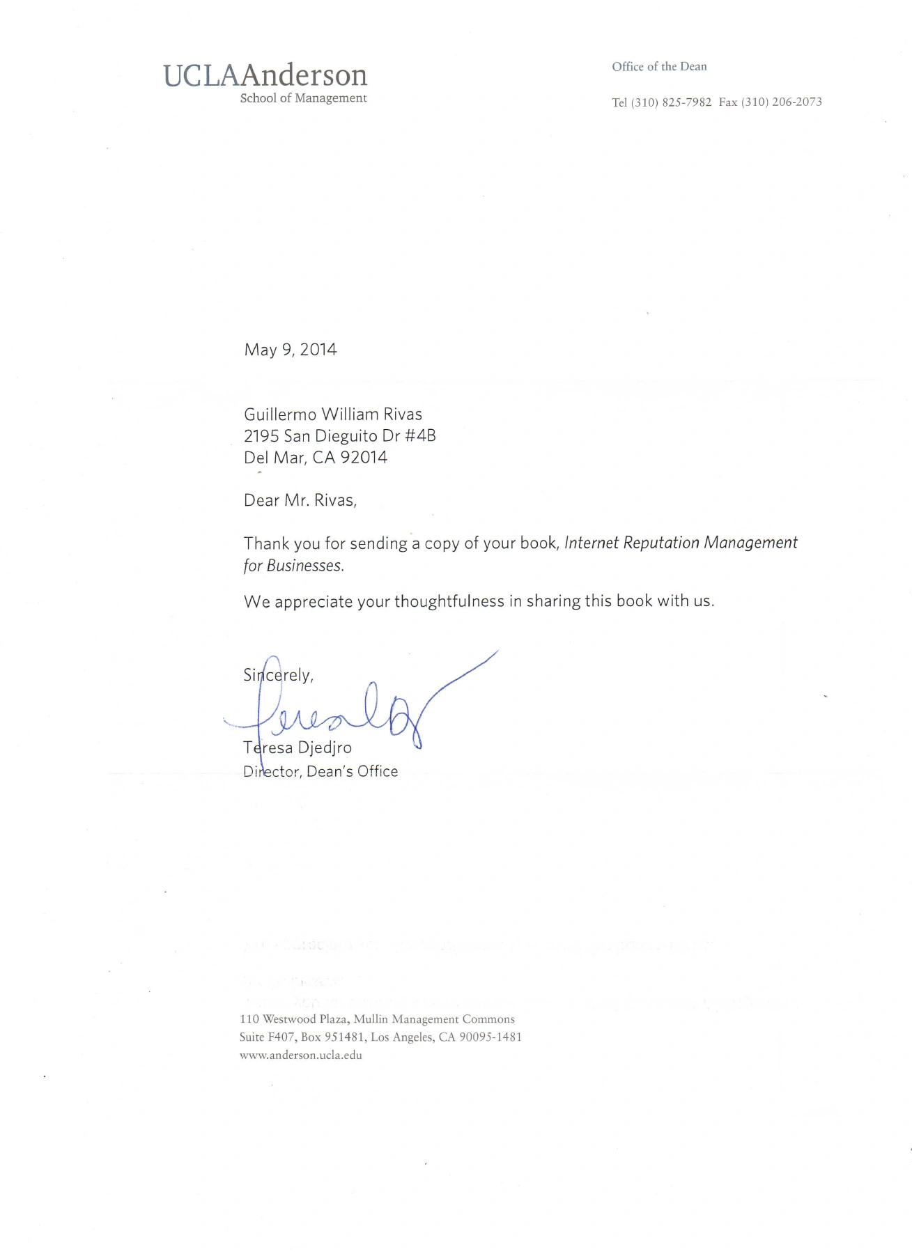 A letter from UCLA Anderson