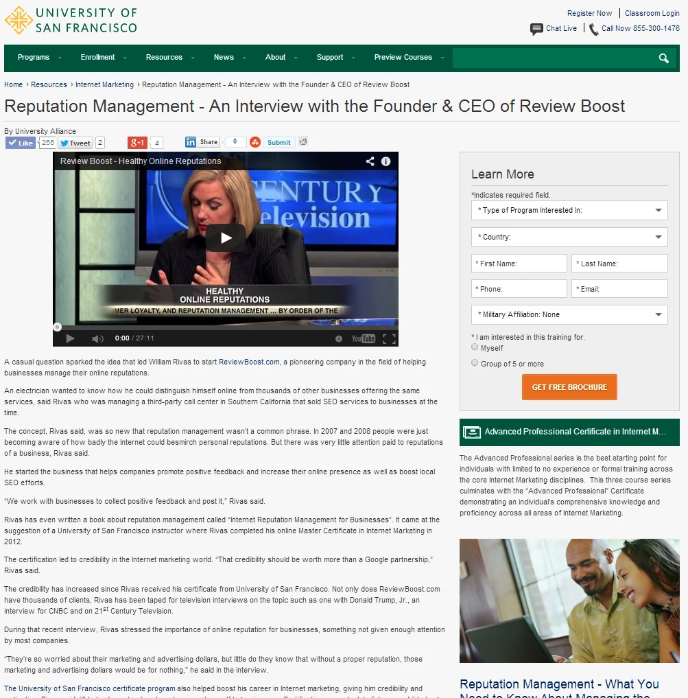 William’s founder interview on the University of San Francisco website